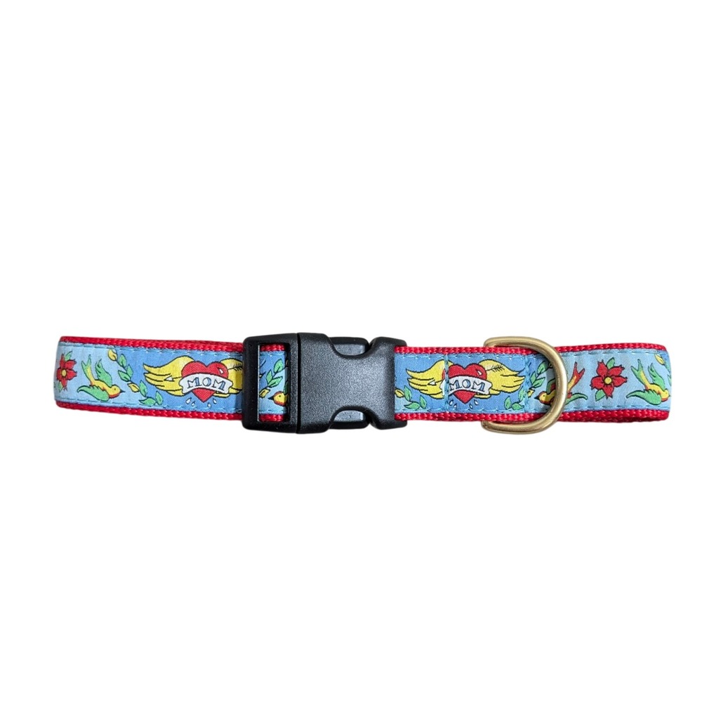 Up Country Dog Collar XL Tattoo Mom Heart Blue Red 1 Inch Wide Adjustable Brass